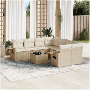 Soffgrupp för trädgården med dynor 9 delar beige konstrotting vidaXL