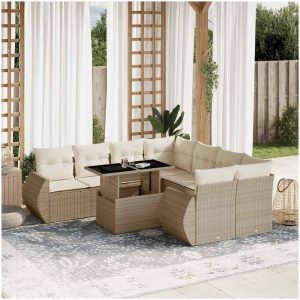 Soffgrupp för trädgården med dynor 9 delar beige konstrotting vidaXL