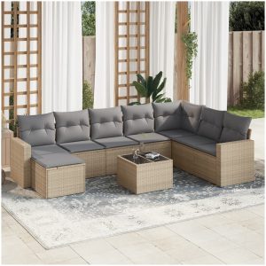Soffgrupp för trädgården med dynor 9 delar beige konstrotting vidaXL