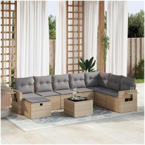 Soffgrupp för trädgården med dynor 9 delar beige konstrotting vidaXL