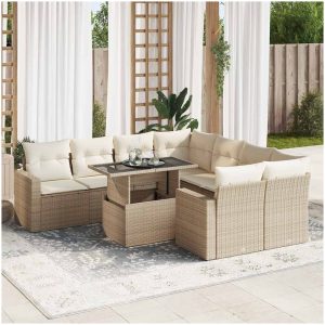 Soffgrupp för trädgården med dynor 9 delar beige konstrotting vidaXL
