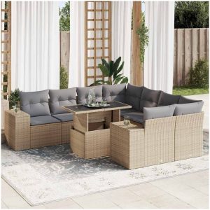 Soffgrupp för trädgården med dynor 9 delar beige konstrotting vidaXL