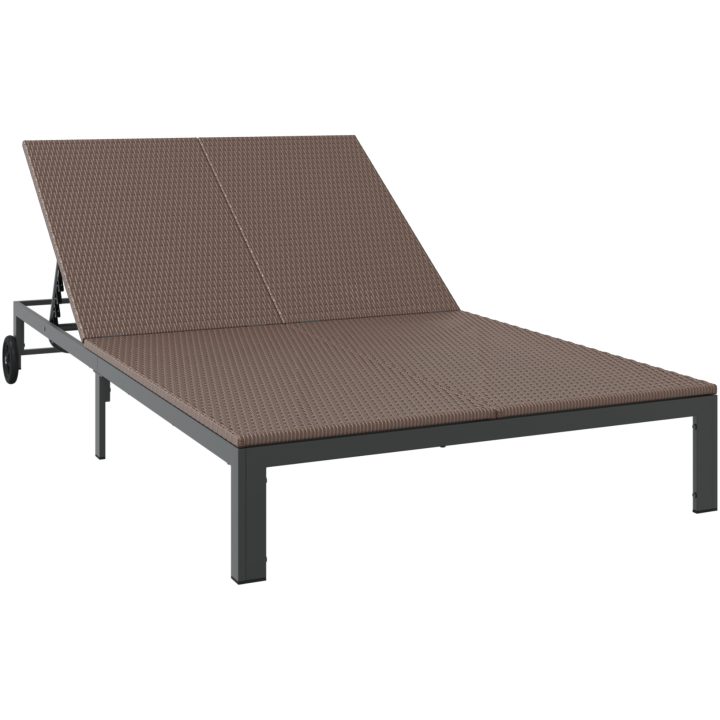 Solbädd med Kuddar och Hjul för 2 Personer Brun Poly Rattan vidaXL 200 x 109 x 28 cm – bild 2