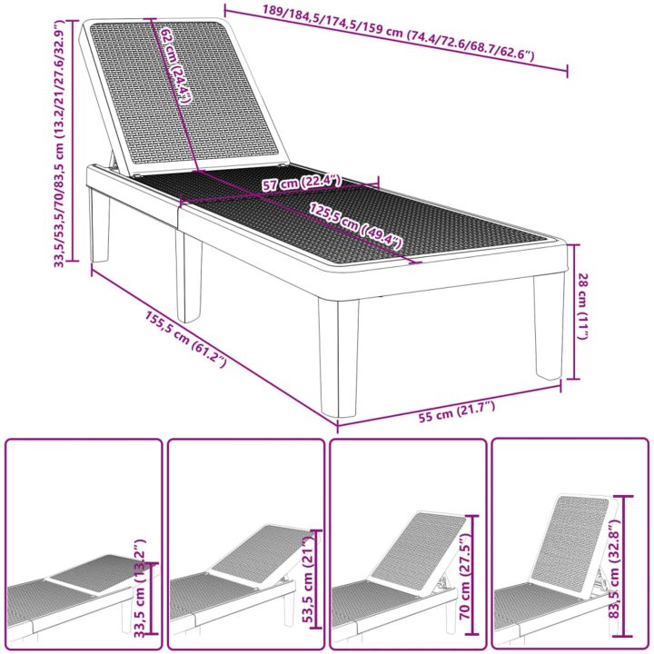 Solsäng justerbar 4 höjder 155,5x57x28 cm polypropen vidaXL – bild 12