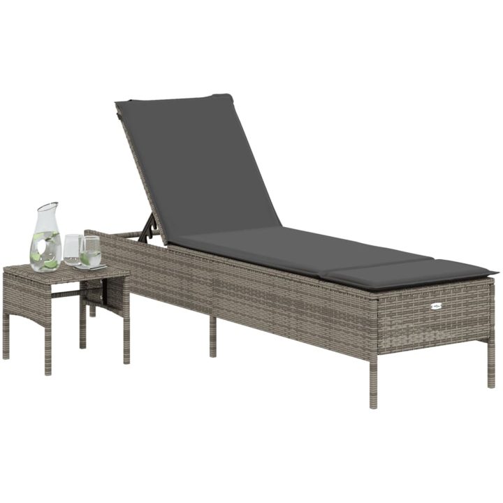Solsäng med bord och dyna grå konstrotting vidaXL – bild 3
