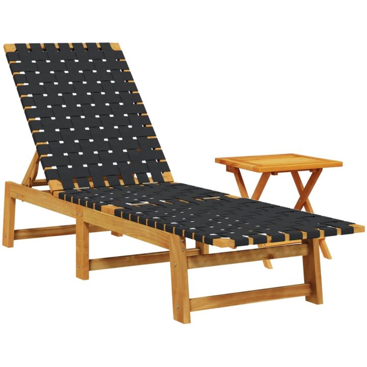 Solsäng med bord svart massivt akaciaträ och tyg vidaXL – bild 2