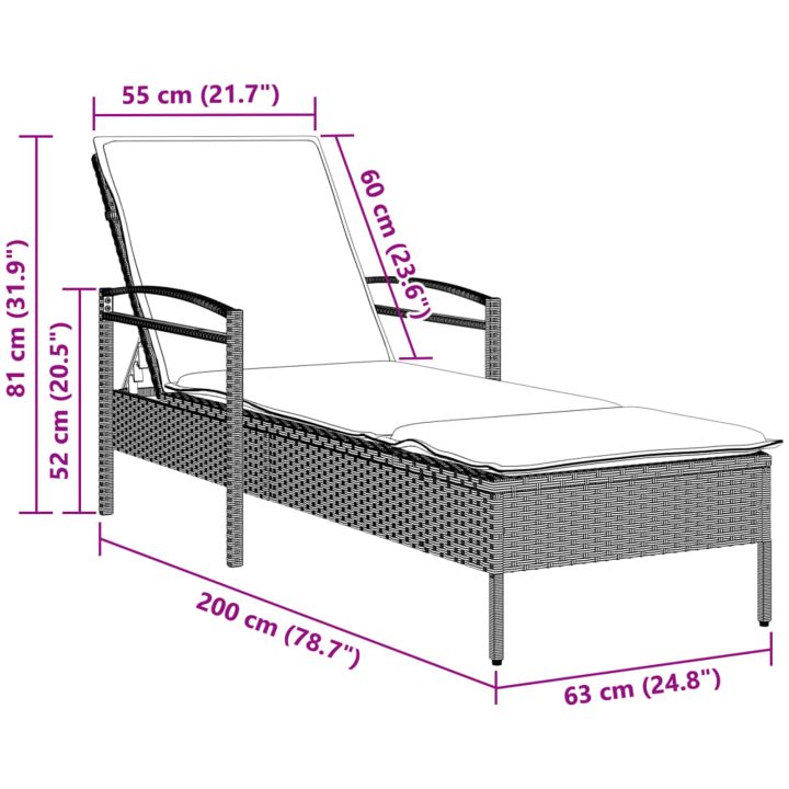 Solsäng med dyna ljusgrå 63x200x81 cm konstrotting vidaXL – bild 9