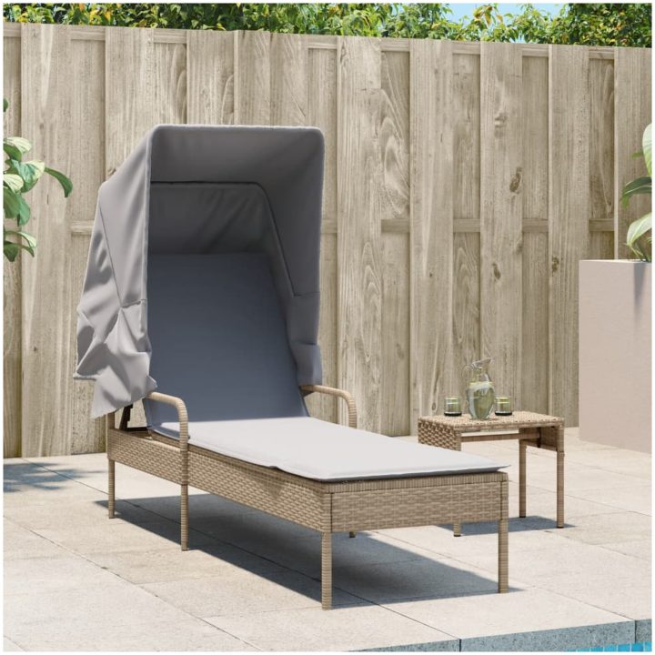 Solsäng med tak och bord beige konstrotting vidaXL – bild 3