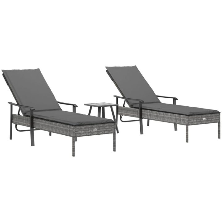 Solsängar 2 st med bord och dynor konstrotting grå vidaXL – bild 3