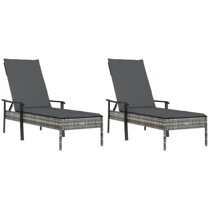 Solsängar 2 st med bord och dynor konstrotting grå vidaXL – bild 4