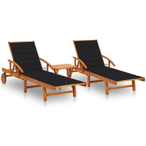 Solsängar 2 st med bord och dynor massivt akaciaträ vidaXL