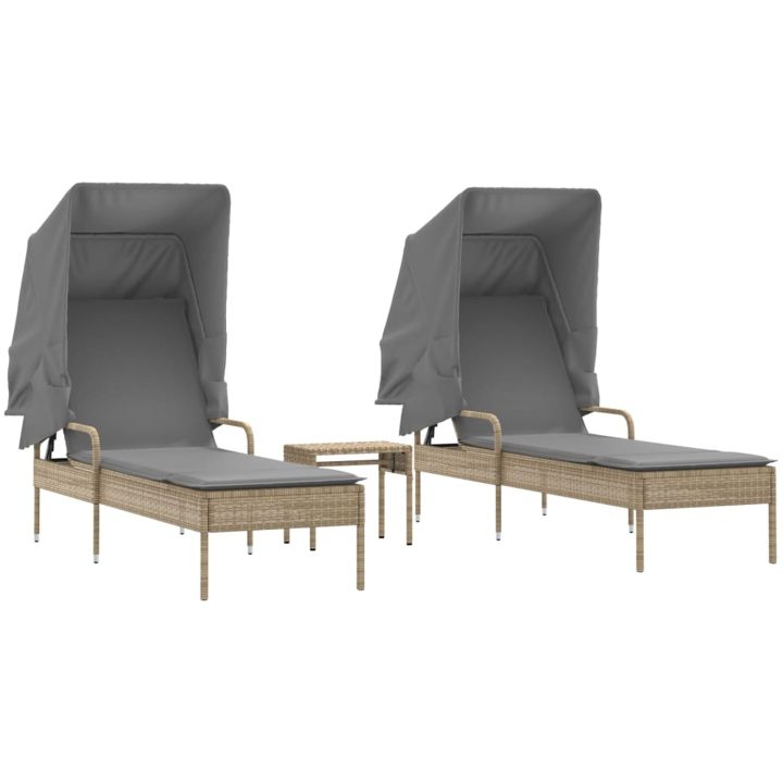 Solsängar 2 st med tak och bord beige konstrotting vidaXL – bild 2