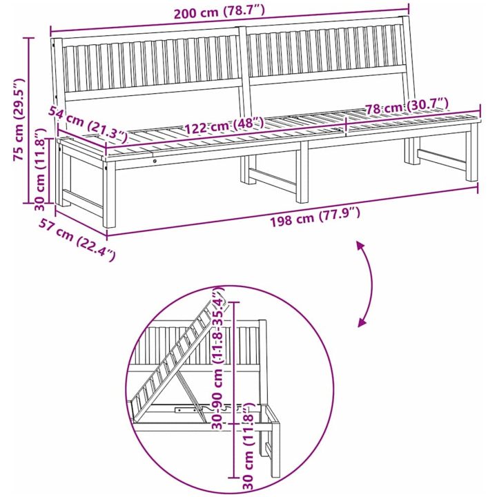 Solstol 3-i-1 Funktion Massivt Akaciaträ vidaXL 200 x 57 x 75 cm – bild 11