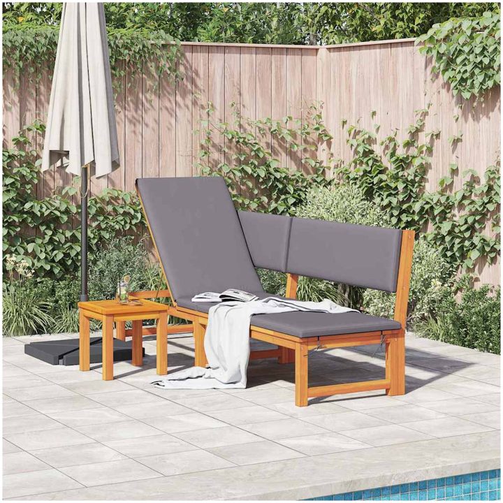Solstol 3-i-1 Funktion med Ljusgrå Kuddar Solid Akaciaträ vidaXL 200 x 57 x 75 cm – bild 3