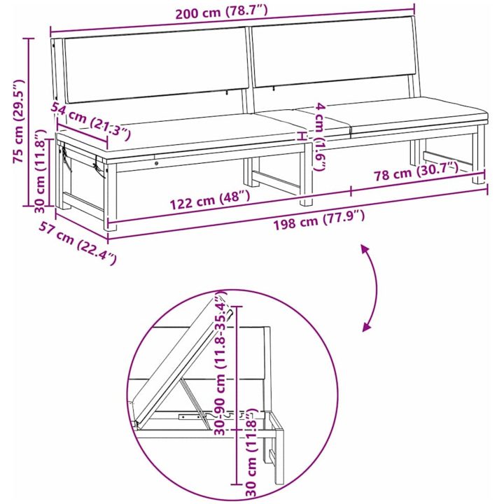Solstol 3-i-1 med creamfärgade kuddar i solid akacia vidaXL 200 x 57 x 75 cm – bild 12
