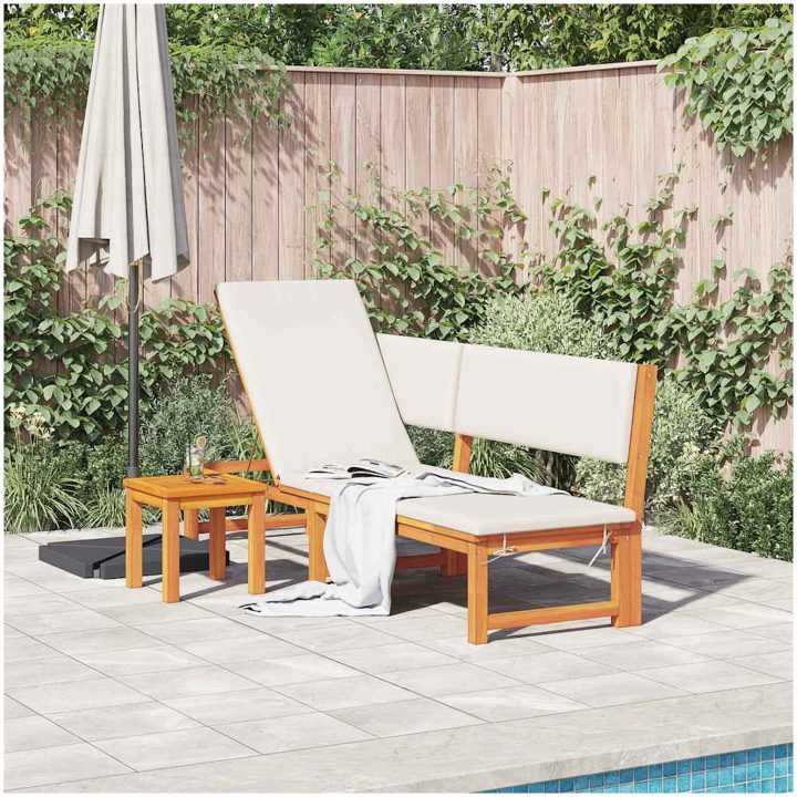 Solstol 3-i-1 med creamfärgade kuddar i solid akacia vidaXL 200 x 57 x 75 cm – bild 3