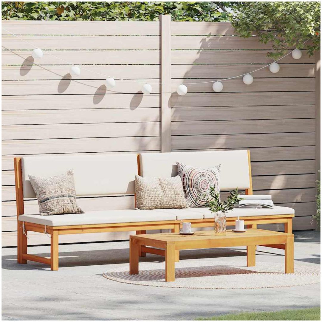 Solstol 3-i-1 med creamfärgade kuddar i solid akacia vidaXL 200 x 57 x 75 cm