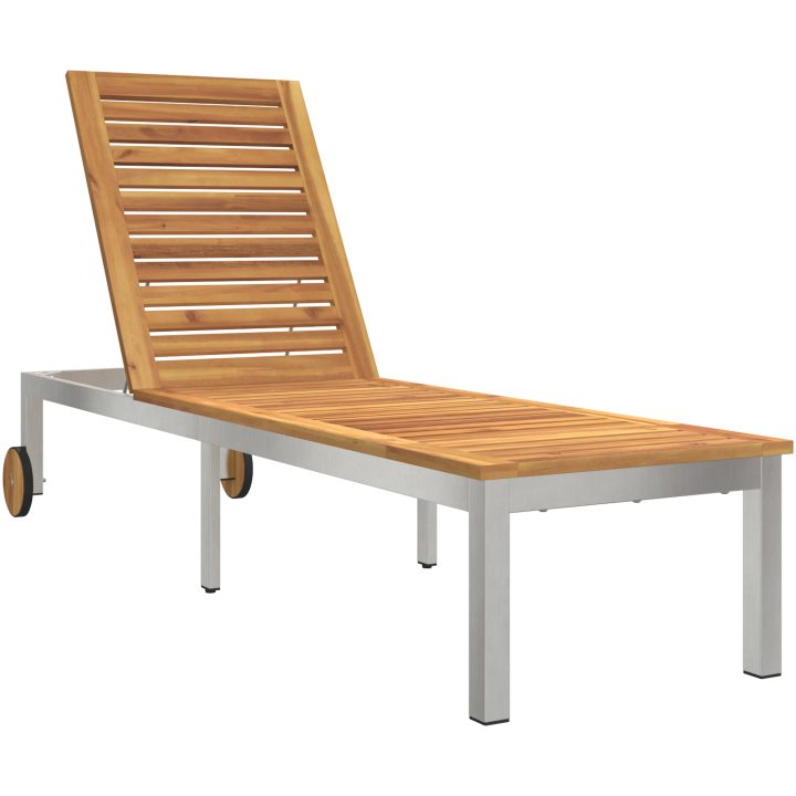 Solstol med hjul 207x58x35 cm Massivt akaciaträ & Rostfritt stål vidaXL 205 x 53 x 100 cm – bild 2