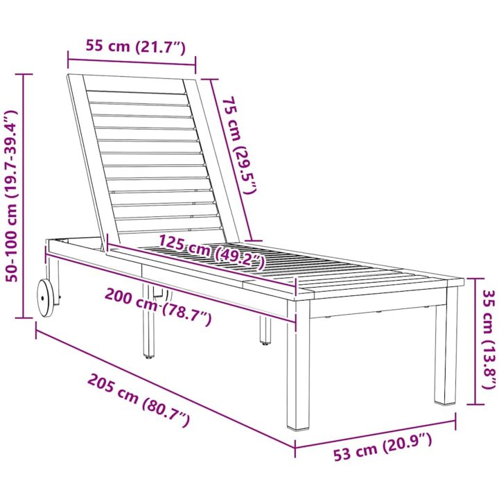Solstol med hjul 207x58x35 cm Massivt akaciaträ & Rostfritt stål vidaXL 205 x 53 x 100 cm – bild 10