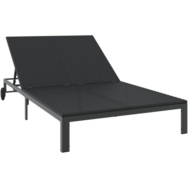 Solstol med Kuddar och Hjul för 2 Personer Svart Poly Rattan vidaXL 200 x 109 x 27.5 cm – bild 2