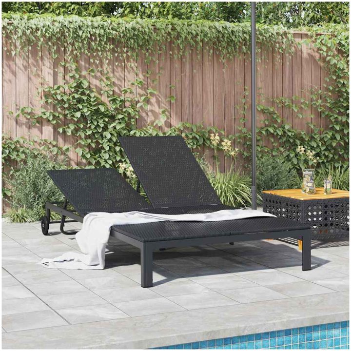 Solstol med Kuddar och Hjul för 2 Personer Svart Poly Rattan vidaXL 200 x 109 x 27.5 cm – bild 3