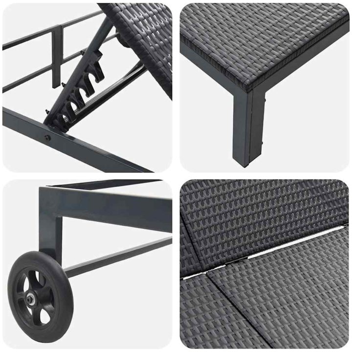 Solstol med Kuddar och Hjul för 2 Personer Svart Poly Rattan vidaXL 200 x 109 x 27.5 cm – bild 8