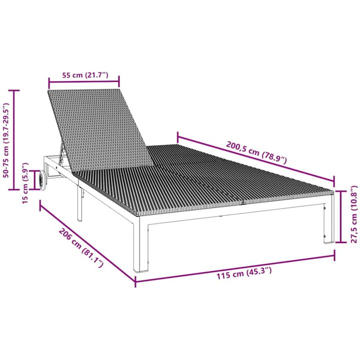 Solstol med Kuddar och Hjul för 2 Personer Svart Poly Rattan vidaXL 200 x 109 x 27.5 cm – bild 10