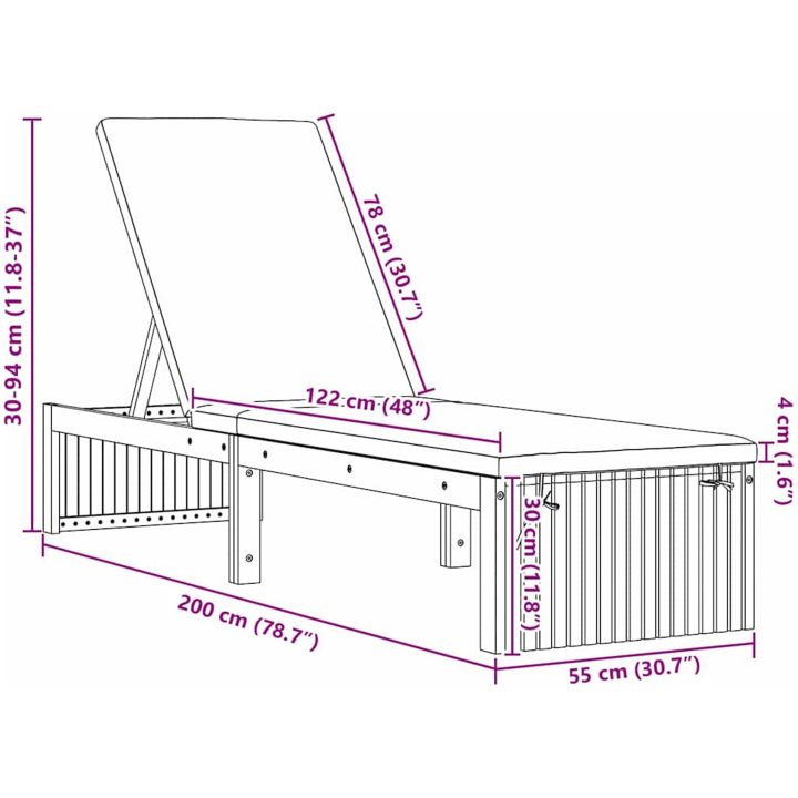 Solstol med Kudde 200x55x30 cm Massivt Akaciaträ vidaXL 200 x 55 x 94 cm – bild 11