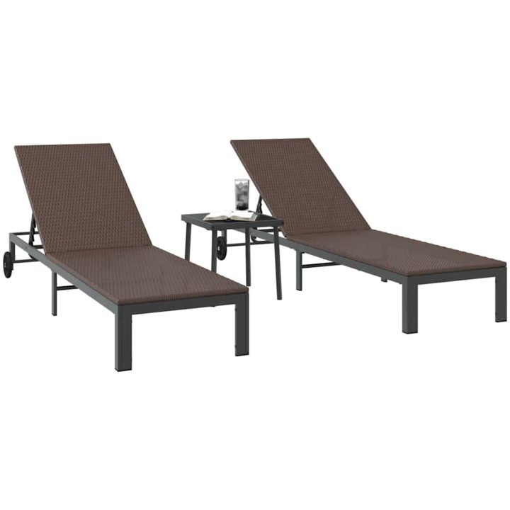 Solstolar 2 st med hjul och bord Brun Poly Rattan vidaXL Standard – bild 3