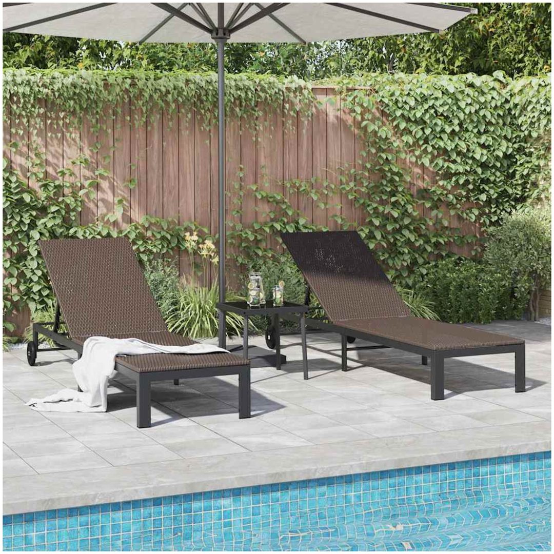 Solstolar 2 st med hjul och bord Brun Poly Rattan vidaXL Standard – bild 4