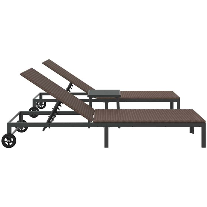 Solstolar 2 st med hjul och bord Brun Poly Rattan vidaXL Standard – bild 8