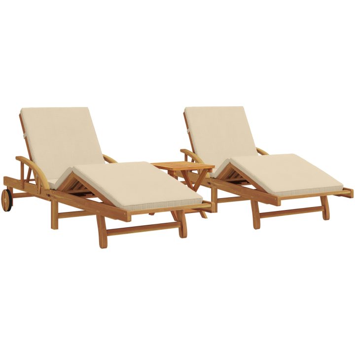 Solstolar 2 st med kuddar och bord Beige Massivt akaciaträ vidaXL 200 x 67 x 84 cm – bild 2
