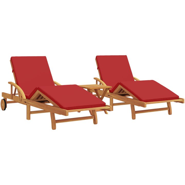 Solstolar 2 st med Kuddar och Bord Röd Solid Akaciaträ vidaXL 200 x 67 x 84 cm – bild 2