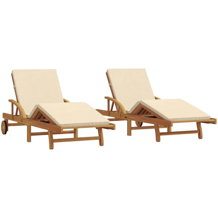 Solstolar 2 st med Kuddar och Hjul, Beige, Massivt trä Akacia vidaXL 200 x 67 x 84 cm – bild 2