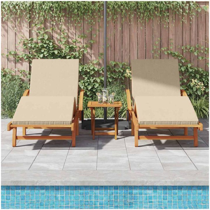 Solstolar 2 st med Kuddar och Hjul, Beige, Massivt trä Akacia vidaXL 200 x 67 x 84 cm – bild 3