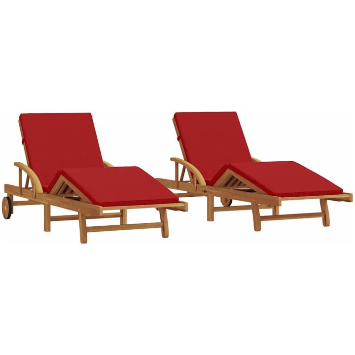 Solstolar 2 st med kuddar och hjul Röd Massivt Akaciaträ vidaXL 200 x 67 x 84 cm – bild 2