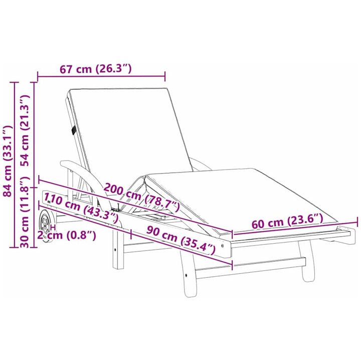 Solstolar 2 st med kuddar och hjul Röd Massivt Akaciaträ vidaXL 200 x 67 x 84 cm – bild 10