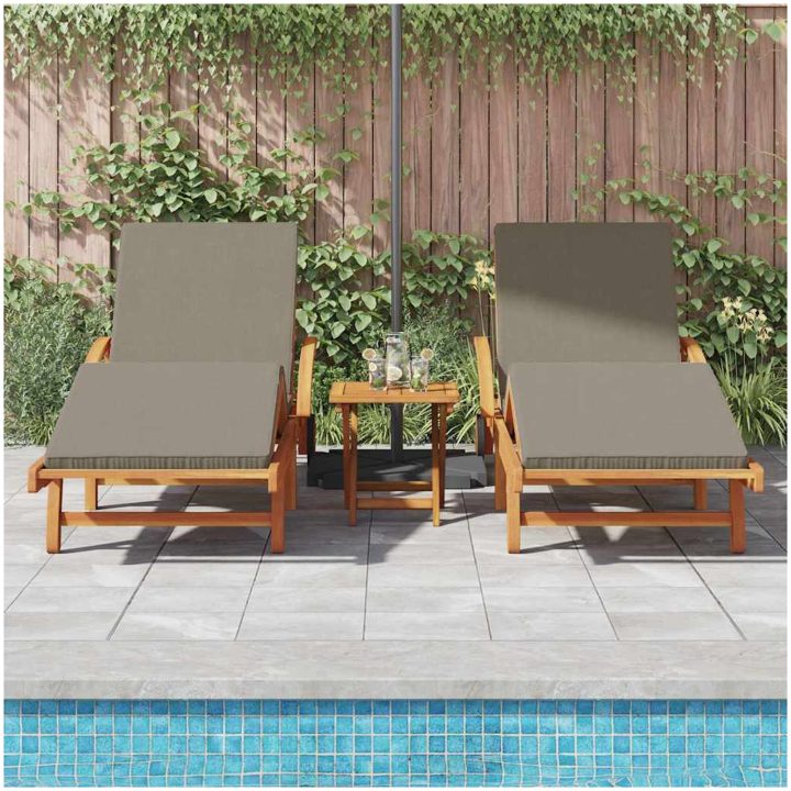 Solstolar 2 st med kuddar och hjul Taupe Massivt Akacieträ vidaXL 200 x 67 x 84 cm – bild 3