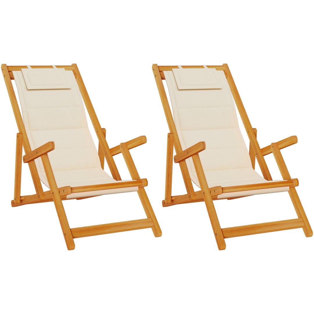 Strandstolar hopfällbara 2 st gräddvit akaciaträ & textilen vidaXL 61.5 x 110 x 97 cm, 61.5 x 116 x 90 cm, 61.5 x 123 x – bild 2