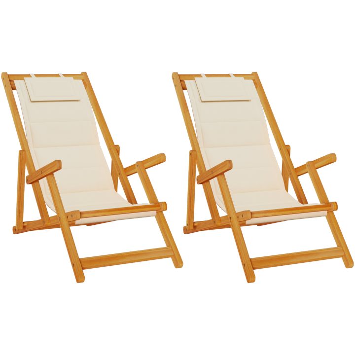 Strandstolar hopfällbara 2 st gräddvit akaciaträ & textilen vidaXL 61.5 x 110 x 97 cm, 61.5 x 116 x 90 cm, 61.5 x 123 x – bild 2