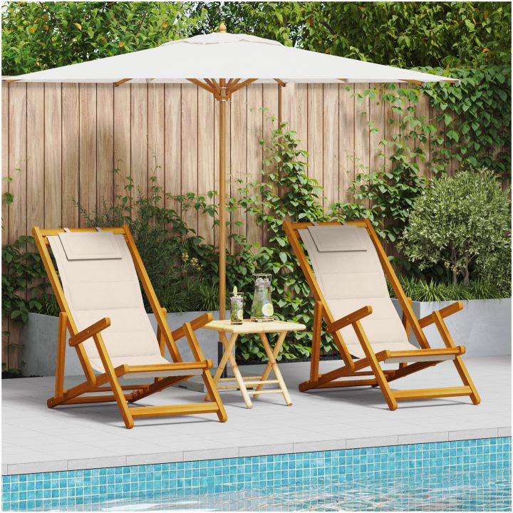 Strandstolar hopfällbara 2 st gräddvit akaciaträ & textilen vidaXL 61.5 x 110 x 97 cm, 61.5 x 116 x 90 cm, 61.5 x 123 x – bild 3