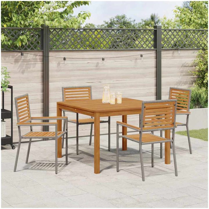 Trädgårds matbord 5 pcs Grå Rattan och trä vidaXL 110 x 110 x 75 cm – bild 4