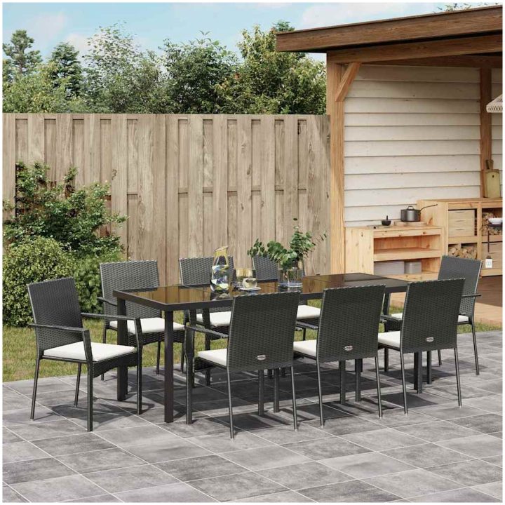 Trädgårds Middagsset 9 pcs Svart PE Rattan vidaXL 200 x 80 x 73 cm – bild 4