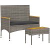 Trädgårdsbänk 2-sits med dynor och bord grå konstrotting vidaXL – miniatyr 2