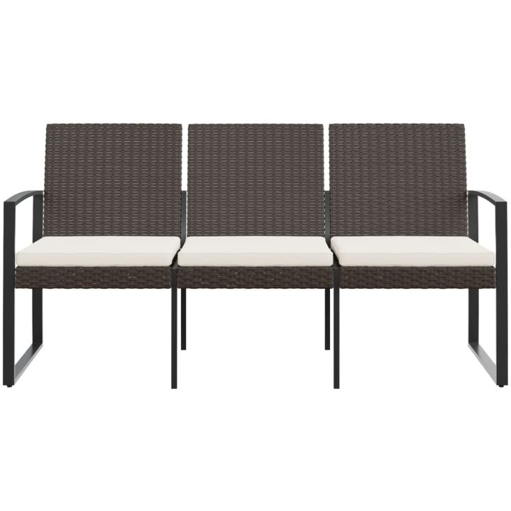 Trädgårdsbänk 3-sits med dynor konstrotting brun vidaXL – bild 3