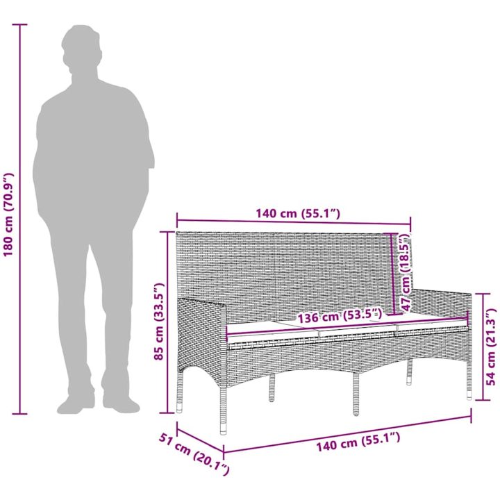 Trädgårdsbänk 3-sits med dynor konstrotting grå vidaXL – bild 9