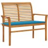 Trädgårdsbänk med blå dyna 112 cm massiv teak vidaXL – miniatyr 1