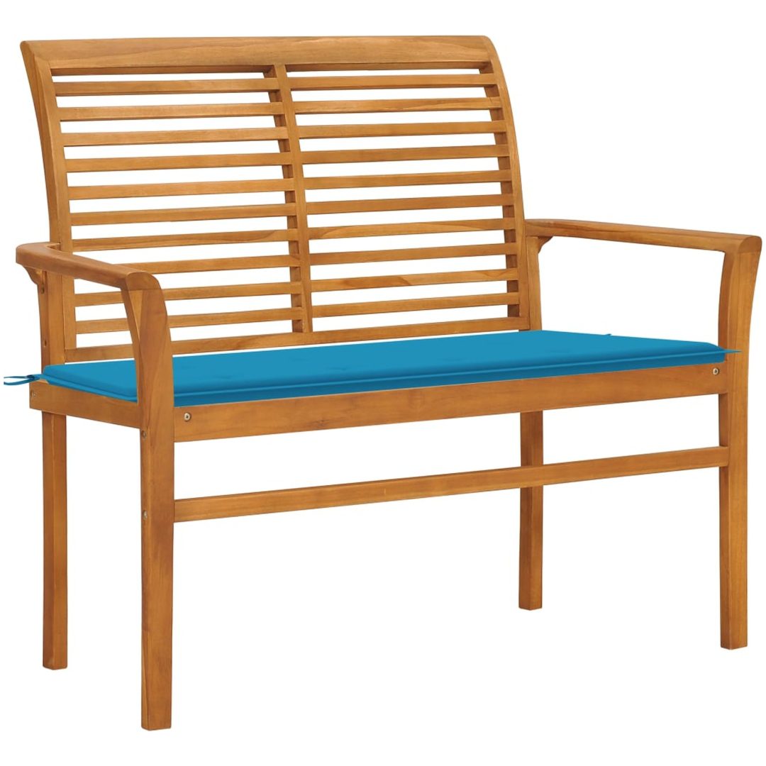 Trädgårdsbänk med blå dyna 112 cm massiv teak vidaXL