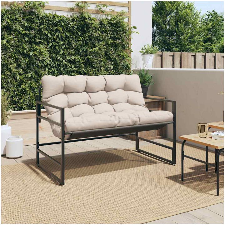 Trädgårdsbänk med dyna taupe 113 cm stål vidaXL – bild 3