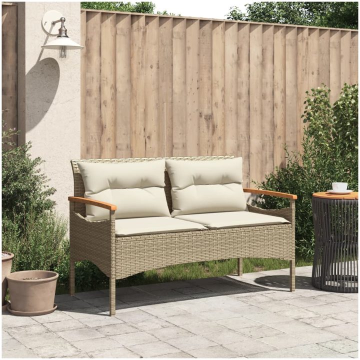 Trädgårdsbänk med dynor 116x62,5x74 cm beige konstrotting vidaXL – bild 3